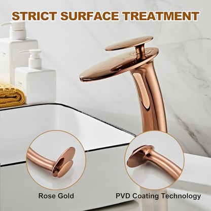 Rose Gold Waterfall Bathroom Faucet Tall Body and Pop Up Drain - color: Rose Gold, size: Tall Body