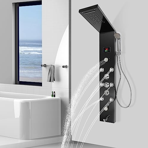 Black LED Shower Panel Tower System with 8 Massage Body Jets, Stainless Steel 6 IN 1 Shower Tower with Rainfall Waterfall Shower Head and Handheld, Multi-Function Bathroom Shower Panel