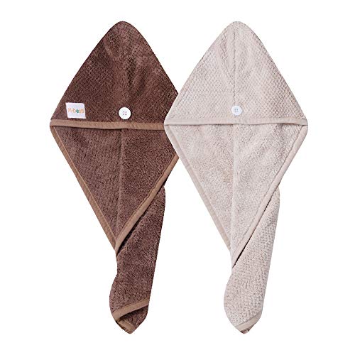 M-bestl 2 Pack Hair Drying Towels,Hair Wrap Towels,Absorbent Microfiber Hair Towel Turban with Button Design to Dry Hair More Quicker（Coffee&Khaki） - color: Coffee&khaki
