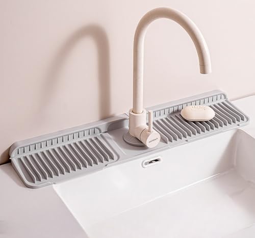 Kitchen Sink Splash Guard, 6°slope sink splash guard behind faucet, Faucet Mat Splash Catcher, Longer Silicone Sink Mat, Mat Protectors for Kitchen Sink (Grey, 24 inch)