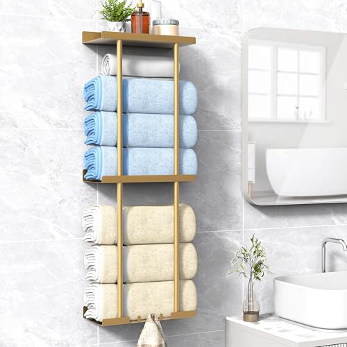 Liuoud Towel Rack for Bathroom, Wall Mounted Vertical Rolled Towel Storage Organizer Holder with Shelf, Holds Up 6 Large Bath Sheets, Gold Large Size - color: Gold, size: Larger Size