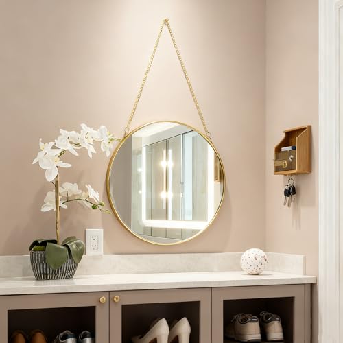 11.8-inch Modern Round Wall Mirror with Metal Frame and Hanging Chain, Suitable for Entryway, Hallway, or Bathroom Small Gold Metal Frame Mirror (Gold, 11.8 inch) - size: 11.8 inch