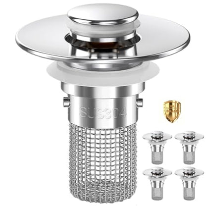 Bathroom Sink Drain Strainer,Pop Up Sink Stopper with Removable Stainless Steel Hair Catcher Basket, Anti-Clog Bathroom Sink Drain Plug for 1.1-2.36 Inch Drain Holes (Sliver 4Pcs) - color: Sliver-4pcs