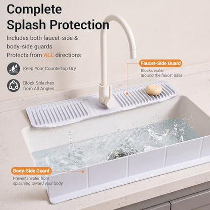 2 Pcs Kitchen Sink Splash Guard Set, 24 Inch Silicone Faucet Mat for Kitchen Sinks + 23 Inch Sink Backsplash Guard, Self Draining Faucet Splash Guards Behind Faucets, Food Grade Silicone, Gray