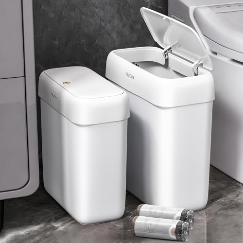 JOYBOS 2 Pack Bathroom Trash Can with Lid, 3 Gal/12 L & 2.7 Gal/10L Garbage Can with Pop-Up Lid,Small Spaces Plastic Trash Can, Slim Trash Bin Waste Basket for Bathroom,Rv, Office, White - size: 2 Pack (3 Gallon + 2.7 Gallon)