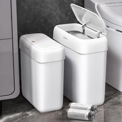 JOYBOS 2 Pack Bathroom Trash Can with Lid, 3 Gal/12 L & 2.7 Gal/10L Garbage Can with Pop-Up Lid,Small Spaces Plastic Trash Can, Slim Trash Bin Waste Basket for Bathroom,Rv, Office, White - size: 2 Pack (3 Gallon + 2.7 Gallon)
