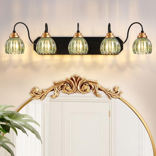 Vintage Gold Bathroom Light Fixtures, 5 Light Green Tulip Crystal | Brushed Gold Vanity Lights, Matte Antique Brass Finish, Mid Century Style,Wall Sconces for Bedroom, Hallway, Easy to Install - color: Green, size: 5-Light
