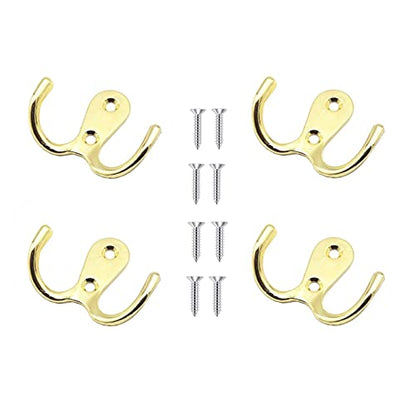 4 Pcs Double Prong Robe Hooks, Dual Coat Hooks Wall Mounted Hanging Clothes for Bathroom Bedroom Door Wall Retro Metal Cloth Hanger Double Coat Hooks with 8 Screws (Gold) - color: Gold