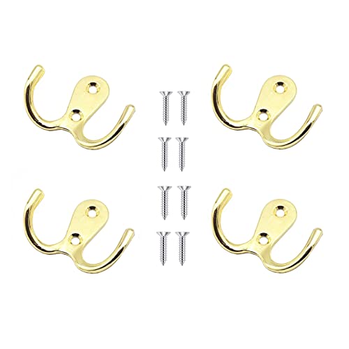 4 Pcs Double Prong Robe Hooks, Dual Coat Hooks Wall Mounted Hanging Clothes for Bathroom Bedroom Door Wall Retro Metal Cloth Hanger Double Coat Hooks with 8 Screws (Gold) - color: Gold