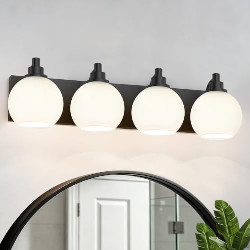 IZORRO Bathroom Light Fixtures, 4-Light Matte Black Vanity Light, Modern Wall Sconces with Globe Milk White Glass Shade, Vanity Lighting Fixtures Over Mirror,E26 Bulb Socket - color: Black-White, size: 4-Light