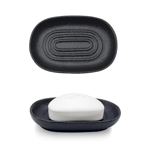 Ceramic Soap Dish for Bathroom & Kitchen Sink- Black Matte Textured Finish Bar Soap Holder for Shower - Easy to Clean Small Simple Oval Soap Dishes Holders for Bar Soaps, Sponges, Jewelry - color: Black- Textured Matte