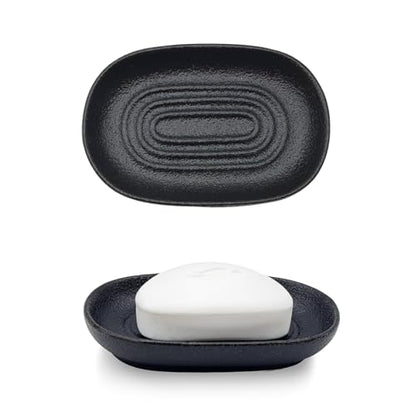 Ceramic Soap Dish for Bathroom & Kitchen Sink- Black Matte Textured Finish Bar Soap Holder for Shower - Easy to Clean Small Simple Oval Soap Dishes Holders for Bar Soaps, Sponges, Jewelry - color: Black- Textured Matte
