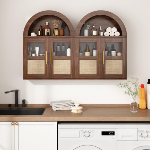 RUSTOWN Arched Bathroom Wall Cabinet with 2 Glass & Rattan Doors | Rattan Medicine Cabinet, Farmhouse Over the Toilet Storage Cabinet, Adjustable Shelves, 3-Tier Wall Mounted Cabinets - color: Walnut