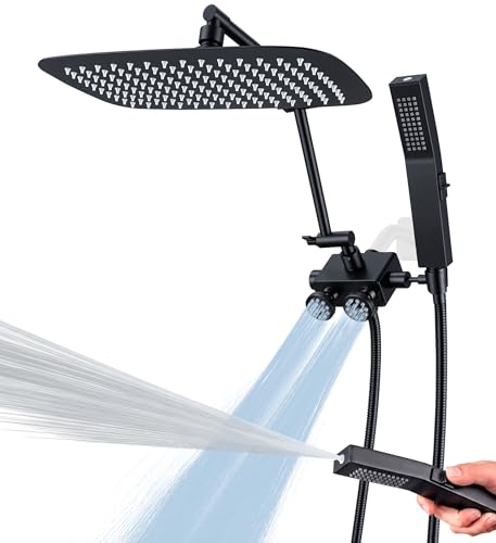 All Metal 12 Inch Rain Head with Body Spray Jets and Handheld (Matte Black) | All Metal Construction, Equipped with Body Spray Jets, 14 Inch Adjustable Extension Arm,Power Wash Function Hand Shower - color: Matte Black
