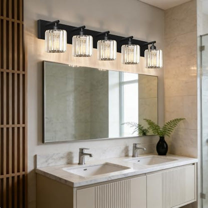 Black Crystal Bathroom Vanity Light, 5-Light Modern Bathroom Lighting Fixtures Over Mirror, Matte Black Wall Sconce Light Fixtures with Round Shade - color: Black-Round Shade, size: 5-LIGHT