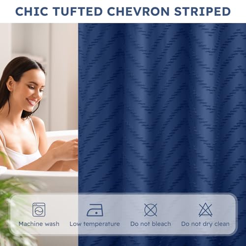 FADOTY Blue No Hook Shower Curtain Set with Snap in Liner, 71'' x 74'' | Bathroom Hotel Fabric Curtain, Waterproof Washable Liner, See Through Top Window, Ringless Chevron Tufted Cloth Curtain - color: Blue, size: 71"W x 74"L (Pack of 1)