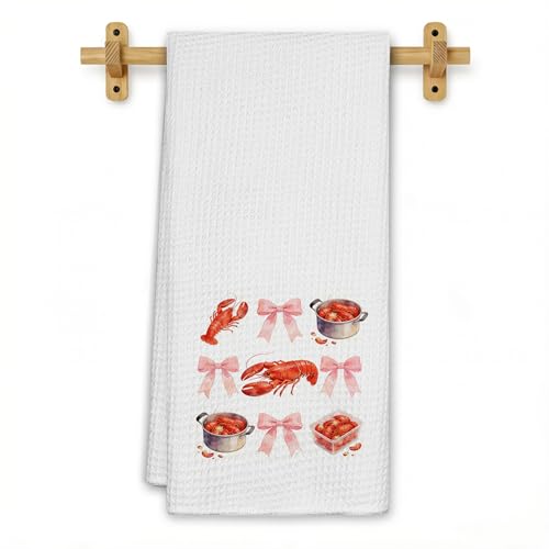 Coquette Pink Bow Crawfish Kitchen Towels, Beach Lobster Dish Tea Towels for Kitchen Decor, Coastal Summer Lobster Decorative Hand Towel for Bathroom, Seafood Boil Party Supplies, 16x24 Inch - color: Coquette Crawfish-pink