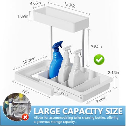 Under Sink Organizer and Storage, L-Shaped Bathroom Storage Cabinet with Basket, Multi-Purpose Sliding Cabinet Organizer for Kitchen Pantry Organization and Storage, White, 1 Pack