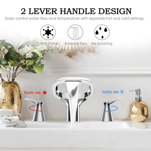 Bathroom Faucets for Sink 3 Hole, Bezeit 8 Inch Widespread Bathroom Faucet with Waterfall Spout, Solid Brass Chrome Faucet with 2 Handles and Water Supply Hoses - color: Chrome, style: Modern