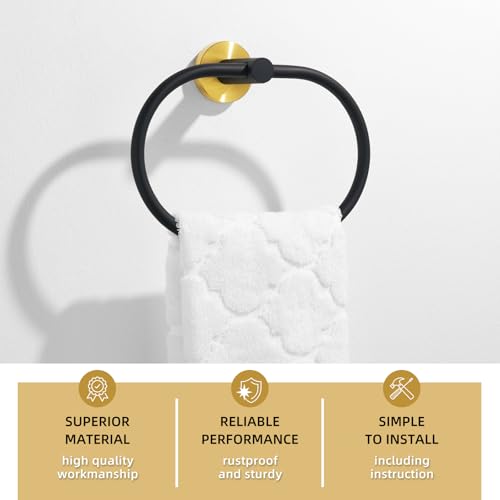 Angle Simple Swivel Towel Ring, Bathroom Hand Towel Holder, Black and Gold | SUS304 Stainless Steel, Move Up & Down, Built-in Gasket, Dishrag Hanger for Kitchen, Screw Mount - color: Oval - Black & Gold