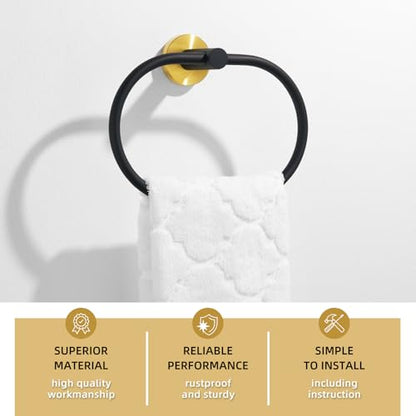 Angle Simple Swivel Towel Ring, Bathroom Hand Towel Holder, Black and Gold | SUS304 Stainless Steel, Move Up & Down, Built-in Gasket, Dishrag Hanger for Kitchen, Screw Mount - color: Oval - Black & Gold