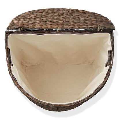 Casafield Half Moon Laundry Hamper with Lid and Removable Liner Bag - Espresso Dark Brown, Woven Water Hyacinth Laundry Basket for Clothes and Towels