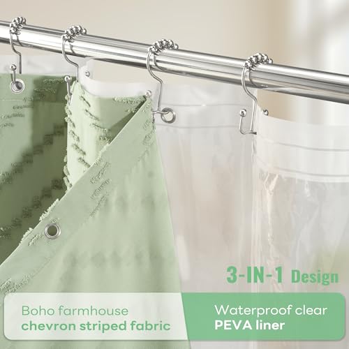 Stall Shower Curtain and Liner Set - 36 x 72 inch Half Boho Shower Curtain and Waterproof Clear Liner, Tufted Chevron Striped Tassel Shower Curtains for Bathroom, 6 Hooks, 36x72, Sage Green - color: Sage Green, size: 36"W x 72"L (Pack of 1)