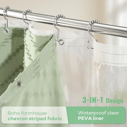 Extra Long Shower Curtain and Liner Set - 84 inch Tall Boho Shower Curtain and Waterproof Clear Liner, Tufted Chevron Striped Tassel Shower Curtains for Bathroom, 12 Hooks, 72x84, Sage Green - color: Sage Green, size: 72"W x 84"L (Pack of 1)