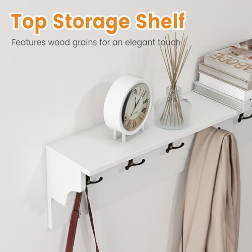 GIANTEX Coat Rack Wall Mount, 31.5" Wooden Coat Hooks with Shelf, White | Wall Clothes Rack w/ 6 Dual Hooks for Hats Towels Purses Robes, Floating Display Shelf for Living Room Bedroom Entryway - color: White
