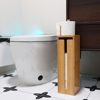 Bamboo Toilet Paper Holder Stand with Storage Shelf Box, Freestanding Bathroom Tissue Organizer and Wipes Dispenser, Reversible Use Lid, Eco-Friendly Natural Wood Home Decor Gift