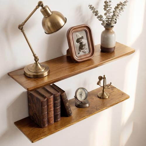 Acovy 24in Solid Spruce Wood Floating Shelves with Beveled Bottom Edges, Wooden Floating Shelf with Heavy-Duty Bracket for Living Room Bathroom Bedroom Kitchen, Rustic Light Brown, Set of 2 - color: Rustic Light Brown, size: 24"-2 Packs