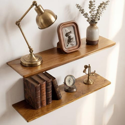 Acovy 24in Solid Spruce Wood Floating Shelves with Beveled Bottom Edges, Wooden Floating Shelf with Heavy-Duty Bracket for Living Room Bathroom Bedroom Kitchen, Rustic Light Brown, Set of 2 - color: Rustic Light Brown, size: 24"-2 Packs