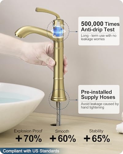 Brass Gold Vessel Sink Faucet, Tall Single Hole Bathroom Faucet for Vessel Sink Single Handle with Pop-Up Drain & Pre-Installed Hoses - color: Brushed Gold
