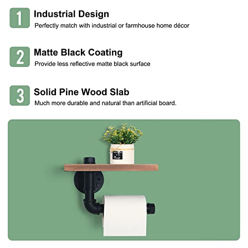 HouseAid Industrial Pipe Toilet Paper Holder with Shelf, Rustic Farmhouse Toilet Roll Holder, Vintage Style Iron TP Holder for Bathroom, Wall Mounted, Matte Black
