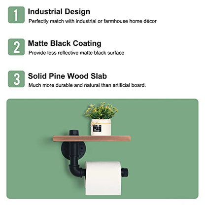 HouseAid Industrial Pipe Toilet Paper Holder with Shelf, Rustic Farmhouse Toilet Roll Holder, Vintage Style Iron TP Holder for Bathroom, Wall Mounted, Matte Black