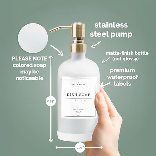 Vine Creations White Glass Soap Dispenser, 2 Pack Kitchen Soap Dispenser Set with Stainless Steel Pump, 16 oz Dish Soap and Hand Soap Dispensers for Bathroom with Waterproof Labels - color: Matte White Bottle / Brushed Brass Pump