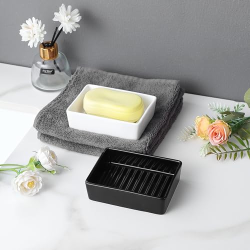 Black Rectangle Soap Dish - Modern Ceramic Hand Soap Holder Non-Slip Bar Soap Holder Soap Tray for Bathroom, Kitchen Sink, Shower, Countertop, Easy to Clean - color: Black
