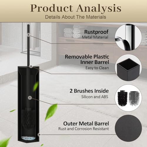 Toilet Brush and Holder Wall Mounted, Black Aluminum with 2 Replaceable Heads, Bathroom Toilet Brush, Drill or 3M Adhesive Mount, Removable Liner and Splash Guard, Modern Square Design - color: Black-wall Mounted