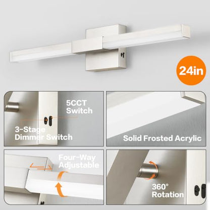 SOLFART Bathroom Lights Over Mirror, 24 Inch Brushed Nickel LED Vanity Light, 5CCT Dimmable, Built-in Dimmer, 4-Way Adjustable, ETL IP44 - color: Brushed Nickel-5CCT, 5-Step Brightness Control, size: 24 inch
