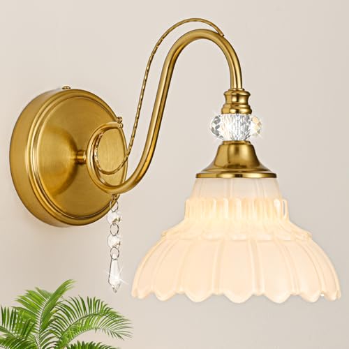 1 Piece Vintage Wall Sconce, 1-Light Brushed Gold Finish Wall Sconce with Hanging Crystal Accents and Flower-Shaped White Shades for Bathroom Bedroom Living Room,Vintage Vanity Light - color: Gold and White, size: 1-Light