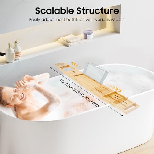 Bathtub Tray Caddy, Expandable Bamboo Bath Tray Waterproof Bamboo Bathtub Trays Bathroom Organizer for Housewarming, Anniversary, Wedding