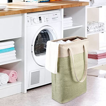Laundry Basket with Handles Beige&Green Slim Laundry Bin Collapsible Dirty Clothes Basket Narrow Laundry Bag Foldable Dirty Hamper for Camping, Dorms, Apartments - color: Beig&Green