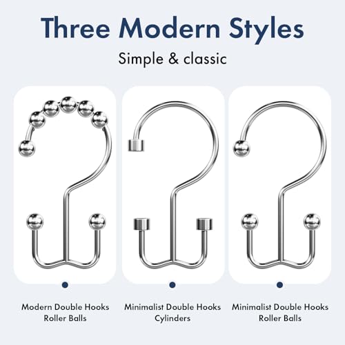 Bathway Shower Curtain Hooks Chrome Shower Curtain Rings, 12 Pcs Metal Double Hooks Rings Rust Proof for Bathroom Shower Curtain Rod - color: Chrome, style: Modern