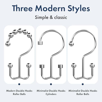 Bathway Shower Curtain Hooks Chrome Shower Curtain Rings, 12 Pcs Metal Double Hooks Rings Rust Proof for Bathroom Shower Curtain Rod - color: Chrome, style: Modern