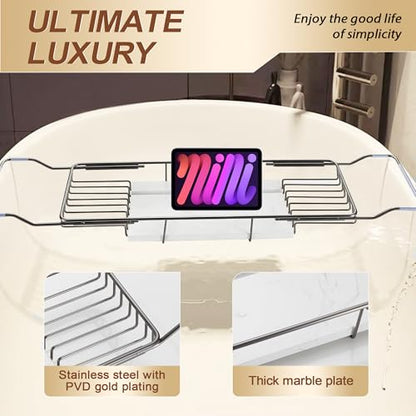 Bathtub Tray Stainless Steel with Marble Base Gun Gray Bathtub Tray with White Marble Base Adjustable & Rustproof Bath Caddy for Spa, Relaxation, Bath Bombs - color: Gun Gray