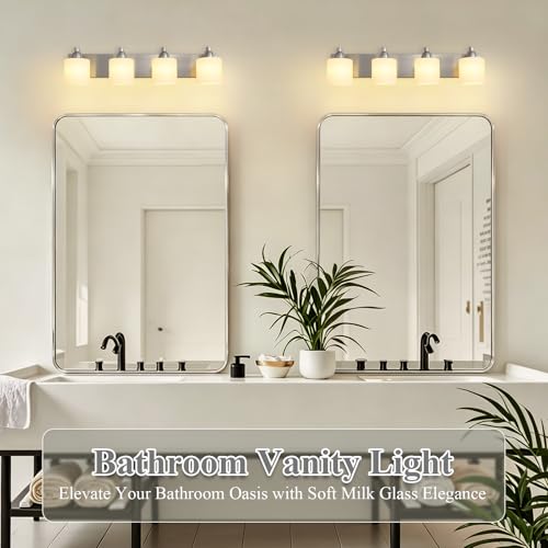 Mecgirn Stainless Steel Milk Glass Bathroom Vanity Light Over Mirror, 4 Light Brushed Nickel Bathroom Light Fixtures with Frosted Glass, Modern Vanity Lighting Wall Mount - color: Brushed Nickel, size: 4 Light