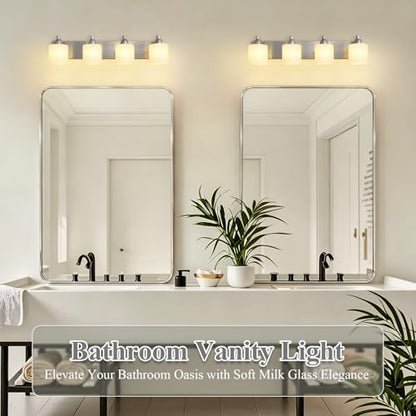 Mecgirn Stainless Steel Milk Glass Bathroom Vanity Light Over Mirror, 4 Light Brushed Nickel Bathroom Light Fixtures with Frosted Glass, Modern Vanity Lighting Wall Mount - color: Brushed Nickel, size: 4 Light