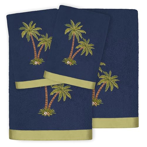 Flourish 4-Piece Premium Towel Set, Island Style Embroidery, Plush Turkish Cotton, Durable & Quick Dry, Elegant Bath Ensemble, 2 Bath 2 Hand Towels, Marine - color: Marine, size: 2 Pcs Bath 2 Pcs Hand Towel
