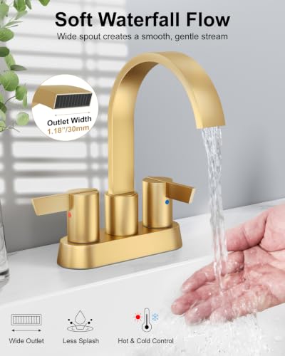 Gold Bathroom Faucet,4 Inch Centerset 2-Handle Waterfall | Includes Pop-Up Drain,24-Inch Supply Lines,Mounting Hardware,SUS304 Stainless Steel Construction,And A 360° Swivel Spout - color: Gold