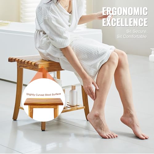 VEVOR Teak Shower Bench, 20in Waterproof Wood Shower Stool with Storage Shelf Non-Slip Foot Pads, 400 lbs Load Capacity Shower Chair Seat, for Bathroom Indoor and Outdoor Use - size: 20in
